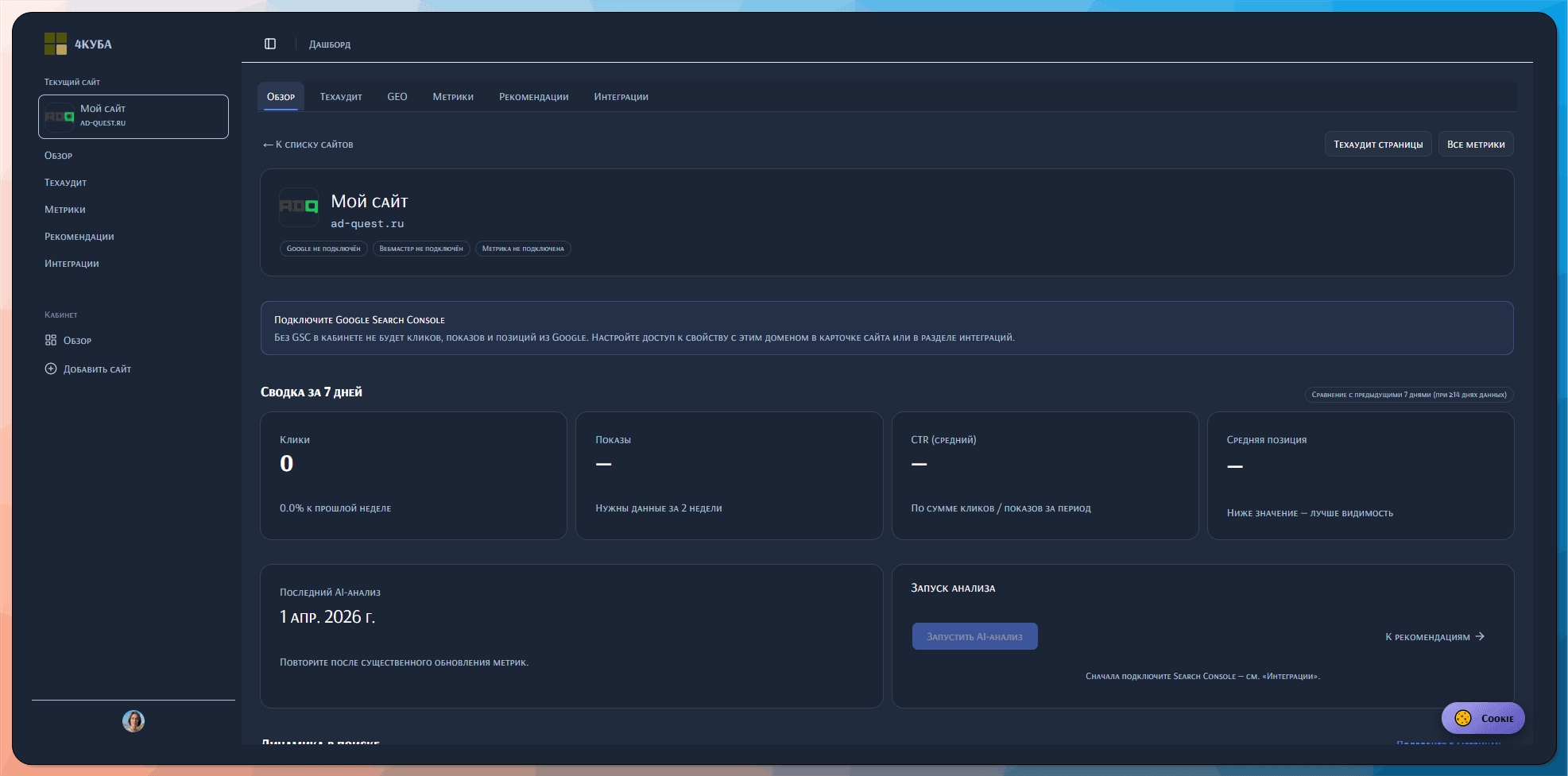 Экран обзора сайта в 4КУБА: метрики и интеграции