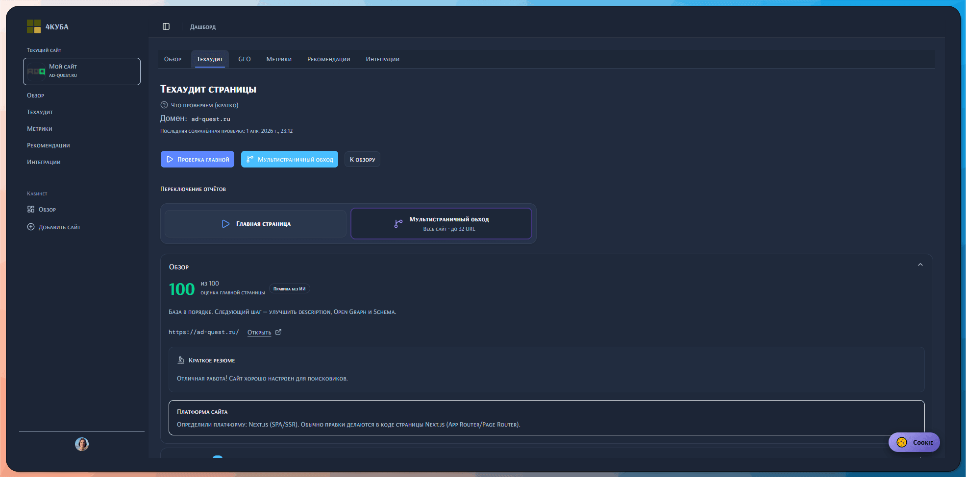 Экран техаудита: проверки и отчёт по сайту